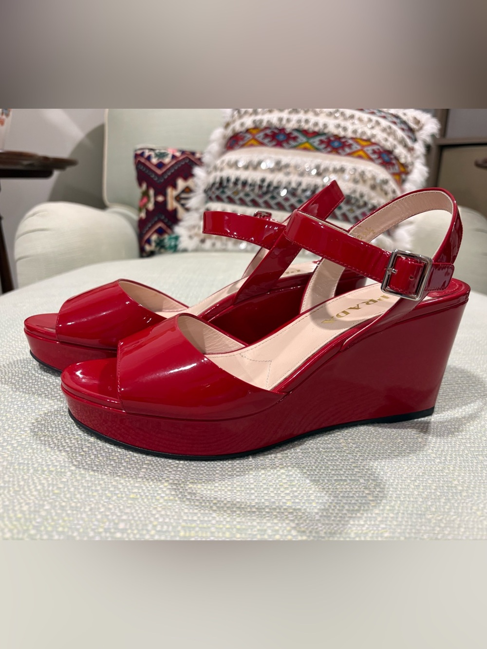 NWOB Prada Red Patent Wedge Sandal, size 39.5